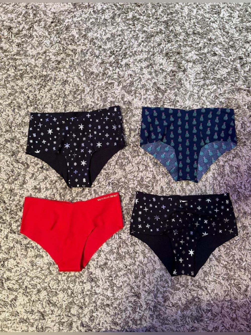 Victoria's Secret No-Show Cheeky Panties - Black, Navy & Red Holiday Prints